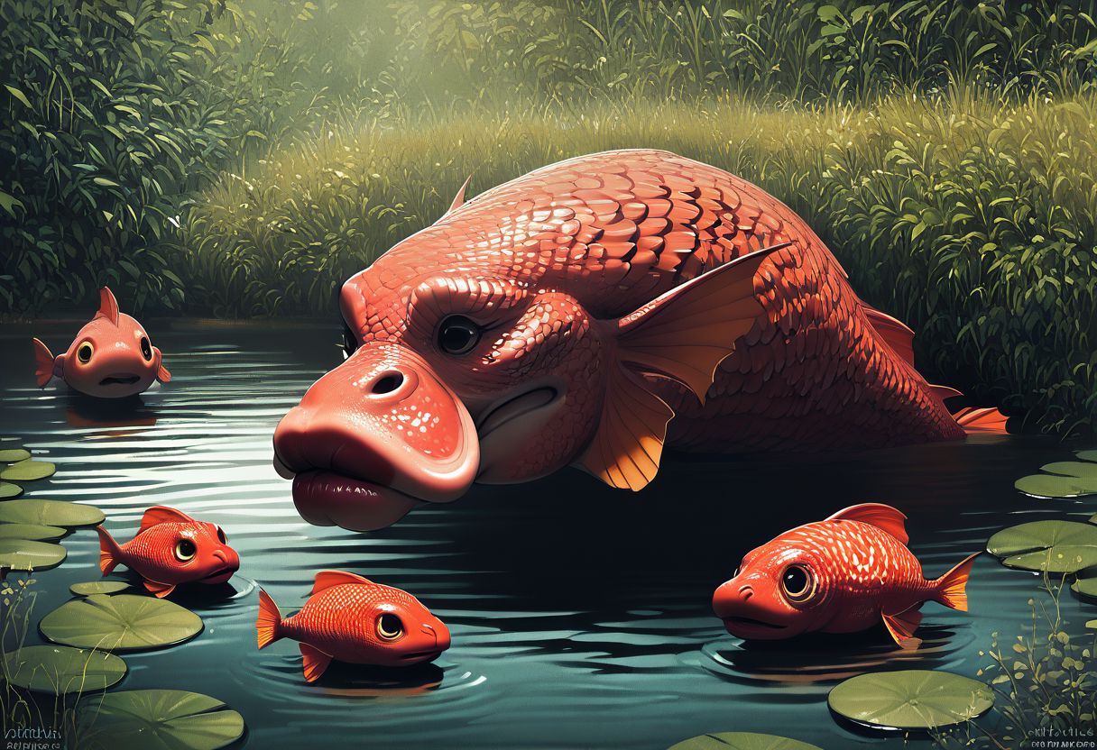 score_9, score_8_up, score_7_up, score_6_up, score_5_up, score_4_up, rating_safe,tpdne,source_cartoon,no humans,fish,lips,fins,outdoors,pond,animal focus