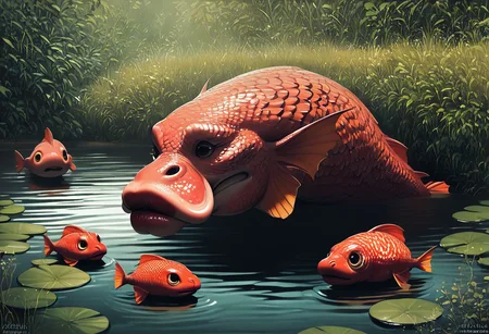 score_9, score_8_up, score_7_up, score_6_up, score_5_up, score_4_up, rating_safe,tpdne,source_cartoon,no humans,fish,lips,fins,outdoors,pond,animal focus