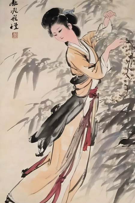 chinese ink painting, traditional media, liujiyou, 1 girl, wearing hanfu, dancing in the forest, floral background, hair flower, <lora:liujiyou-000008:0.8>