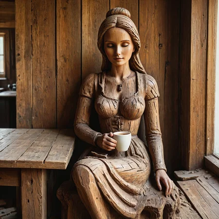 A woman made of old wood, sitting at a table, sipping coffee.
<lora:OldWood01_CE_XL_300-OT:0.6> oldwdCE_style