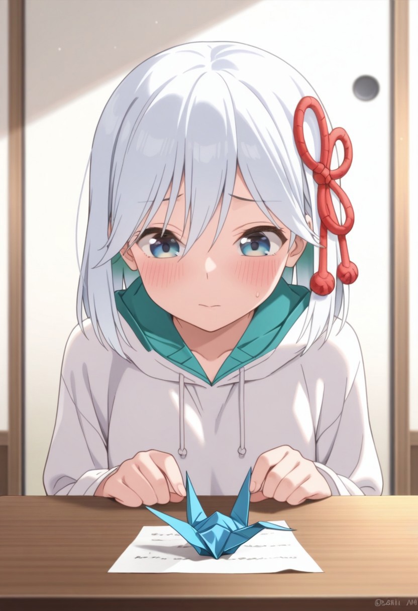 masterpiece,best quality,amazing quality, asahi amagami, blue-white hair, blue eyes, 1girl, origami, paper crane, solo, hair ornament, blush, meme