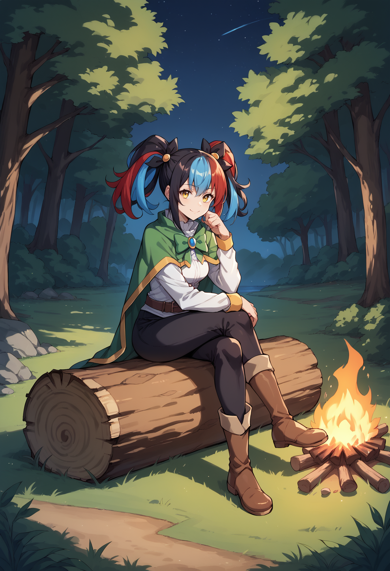 score_9, score_8_up, score_7_up, source_anime, 1girl, solo, looking at viewer, long hair, twintails, multicolored hair, black hair, red hair, blue hair, (konosuba:0.85), (satou kazuma:0.85), campfire, outdoors, night, nature, forest, sitting, crossed legs, full body, hair ribbon, boots, brown footwear, black pants, brown belt, green capelet, white shirt, long sleeves, scenery, night sky, tree stump, log, sitting on log, yellow eyes, light smile, closed mouth