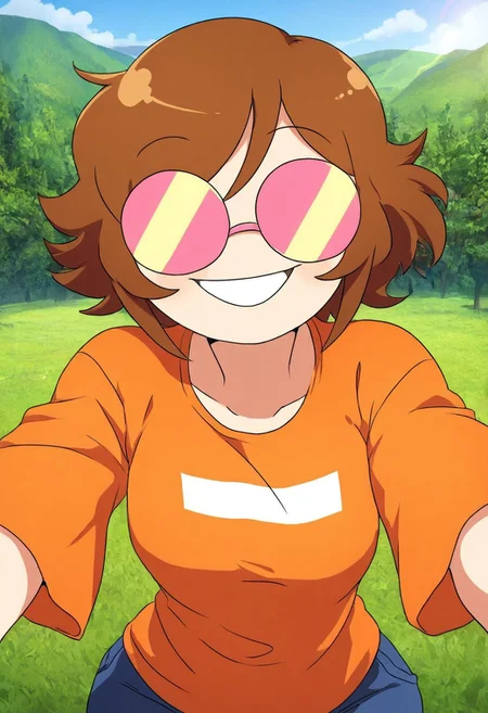 (masterpiece,best quality:1.4),Doompy,Expressiveh,score_9, score_8_up, score_7_up,cartoon style,1 girl,Short hair,Brown hair,Round glasses,No nose,no see eyes,Orange clothes,Blue pants