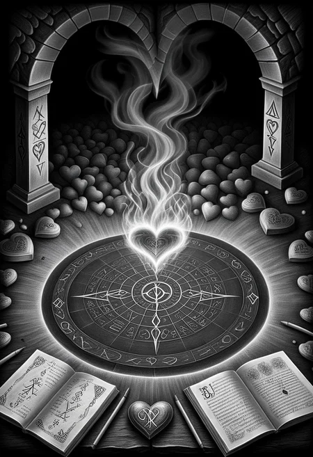 ztext Glyphs. Runes. Mystic runes.
copperplate engraving
moody and dark faustian cave, a sense of secrecy and desperation, light source limited to glowing spell runes and heart symbols, and a flickering smoky torch casting long heart shaped shadows, (smoke is in the shape of multiple hearts), a desk piled with aged tomes and paper hearts, single-point perspective drawing the eye towards the center where the runes pulse brighter with an eerie rhythm, monochromatic palette combining shades of grayscale with sudden bursts of crimson and emerald green, ((heart shaped smoke and ash floating through the air)), inspired by the chiaroscuro techniques used in classic noir cinema, mystic tension and hidden motives dominating the atmosphere, overhead composition with long exaggerated shadows stretching into the distance, focus on contrast and storytelling in the visual structure.
Dark. Mysterious. Eerie. Unsettling. Dark fantasy. Style of: Goltzius, William Blake