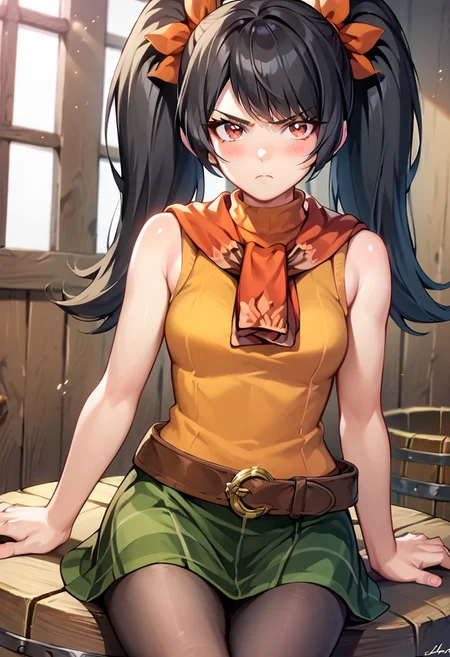 score_9, score_8_up, score_7_up,source_anime, masterpiece, ultra detailed, highres, 4k, best quality, BREAK, <lora:AshleyPonyXL:1> ashleywario, 1girl, twintails, red eyes, long hair, black hair, looking at viewer, ultra detailed eyes, sitting on barrel, indoors, cowboy shot, serious expression, serious expression, reAshley, bangs, red scarf, orange sweater, sleeveless turtleneck, green miniskirt, belt, pantyhose, aged up, adult, mature, annoyed, blush, embarrassed, small breasts