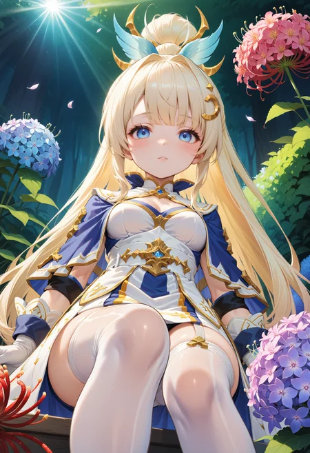 masterpiece, best quality, very aesthetic, absurdres, rom_saint_xl,
1girl, blonde hair, ponytail, hair ornament, blue eyes, sitting,
from below, looking at viewer, miniskirt, white legwear, long dress, mystical forest, water, spider lily, hydrangea, falling petals, light rays, tyndall effect, vivid colors, tranquil and magical atmosphere,
shiny skin, beautiful face, beautiful eyes, extreme detailed, official art, professional illustration, hires,
<lora:rom_saint_pony_xl:1>, <lora:aesthetic_anime_v1s:0.5>, <lora:add_details_xl:0.5>
