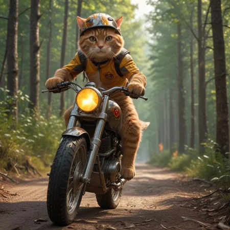 Photographs a cat on a moto, wearing a helmet and the Olympic flame strapped to its back, pedaling furiously on a forest track, realistic style, 8K, 5D canon, 50mm lens, 1.2, very detailed, realistic rendering, full body, natural lighting, photography, no defects, the overall composition is majestic, very beautiful realistic photo