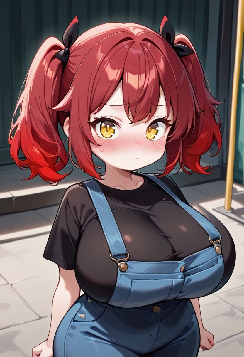 shortstack:, Red hair, twintail hair style, black shirt, short sleeve shirt, overalls, huge breast,