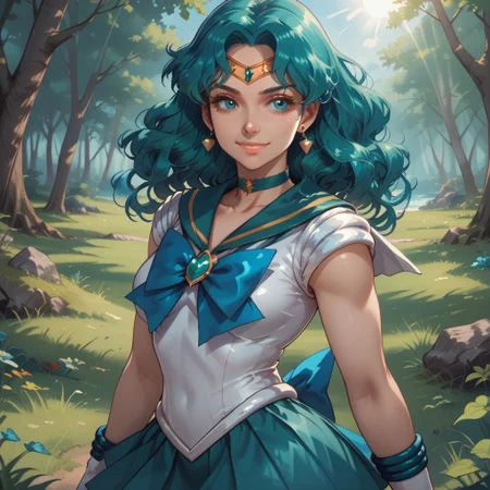 score_9, score_8, BREAK, solo, sailor neptune,1girl,medium hair,teal hair,curly hair,earrings,sailor senshi uniform,blue eyes,teal choker,tiara,teal sailor collar,blue bowtie,white shirt,elbow gloves,white gloves, pleated skirt, teal miniskirt, sexy pose, self portrait, smile, outdoors, sunlight, shadows, evening lighting, natural lighting, forest, trees, grass, orange sky, sunset