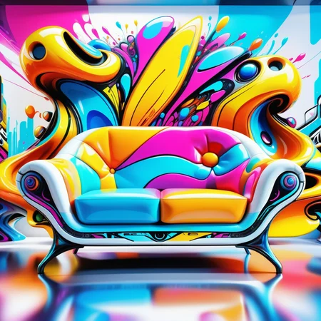 Jed-CyFut, masterpiece, full of details, positive emotional, Jed-Gr4ff1t1,wallpaper enginge, <lora:GraffitiStyle-000003:0.7>, <lora:CyberFuturisticStyle:0.7>, medium shot of a Loveseat, Wide view, dramatic, colorful, epic, very coherent, fantastic aesthetic, dynamic composition, atmosphere, positive emotional