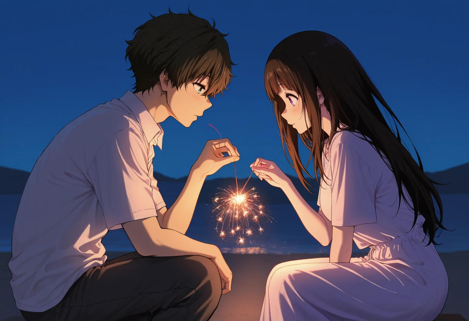 masterpiece, best quality, absurdres, safe
1girl, chitanda eru, 1boy, oreki houtarou, holding fireworks, sparkler, night, from side
<lora:senkou_hanabi_il_d16:1>