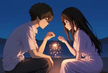 masterpiece, best quality, absurdres, safe
1girl, chitanda eru, 1boy, oreki houtarou, holding fireworks, sparkler, night, from side
<lora:senkou_hanabi_il_d16:1>