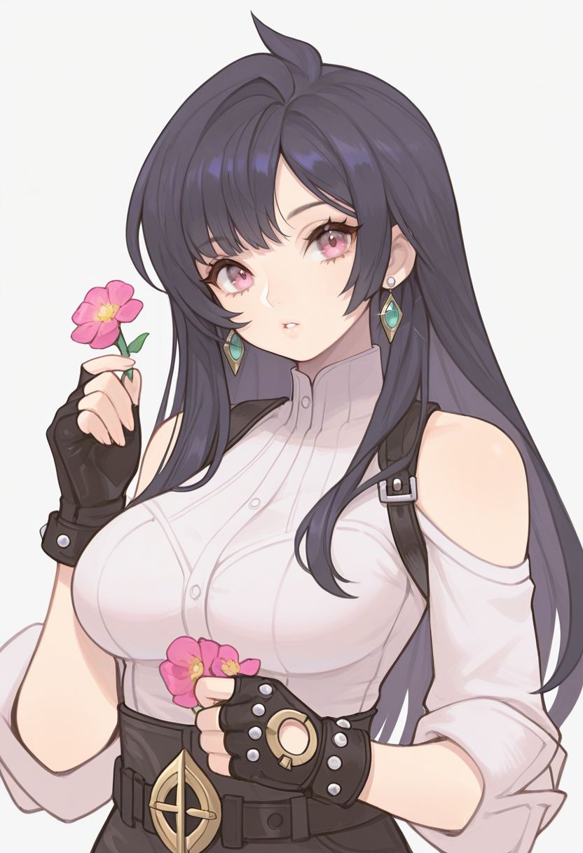 masterpiece, best quality,  <lora:Alpaca:1> 4lp4c4,  1girl, solo, long hair, flower, gloves, breasts, fingerless gloves, jewelry, earrings, holding, upper body, large breasts, looking at viewer, parted lips, simple background, bangs, bare shoulders, shirt