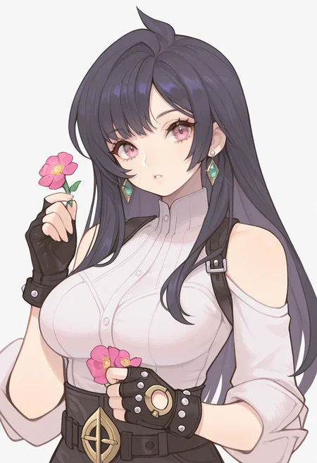masterpiece, best quality, <lora:Alpaca:1> 4lp4c4, 1girl, solo, long hair, flower, gloves, breasts, fingerless gloves, jewelry, earrings, holding, upper body, large breasts, looking at viewer, parted lips, simple background, bangs, bare shoulders, shirt