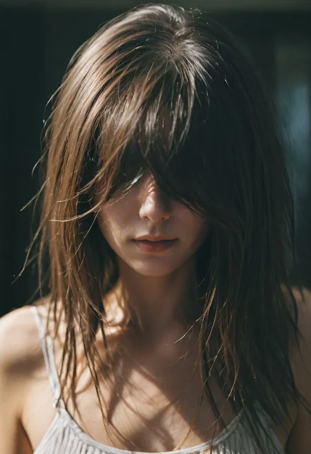closeup portrait, Surreal, amazing quality, masterpiece, best quality, awesome, inspiring, a woman with hair over her eyes, hair completely covers her face. cinematic composition, soft shadows, 
atmospheric haze, Film grain, cinematic film still, shallow depth of field, highly detailed, high budget, cinemascope, moody, epic, OverallDetail, 2000s vintage RAW photo, photorealistic, candid camera, color graded cinematic, atmospheric lighting, imperfections, natural, shallow dof