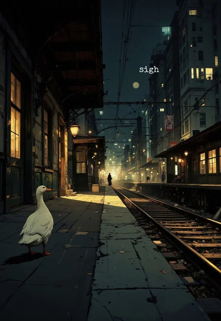 A solitary white duck stands prominent on the weathered platform of an abandoned train station, its back turned to the viewer so that the focus shifts to the long, gleaming rails stretching out toward a distant vanishing point, where a distant train is slowly pulling away into the night. Rendered in a limited, film noir-inspired color palette, the scene exudes a quiet melancholy with deep shadows and muted tones. Soft ambient light cascades over the metallic rails, casting a distinct, shimmering reflection that guides the viewer’s eye along the tracks. The lettering " sigh " appears in a thin, typewriter-style font just above the duck’s head. The entire composition, with its subtle interplay of light and shadow and its nod to classic street photography, evokes a timeless sense of isolation and nostalgia.
in the style of cksc, DB4RZ, aidmafluxpro1.1, Anime art