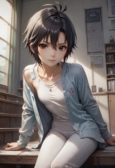 score_9,score_8_up,score_7_up,score_6_up,source_anime, <lora:Worldly_XL:1> rock concert,
1girl, solo, full figure,
<lora:KikuchiMakoto_pony_v1:0.9> kikuchi makoto, kkcmkt, short hair, black hair, antenna hair, hair between eyes, black eyes, flat chest, small breasts, (long legs:1.1),
zPDXL, zPDXL-neg