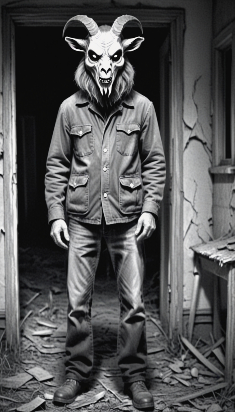 monochrome, horror,
The gloomy an abandoned house, the man in the The angrygoat mask,
