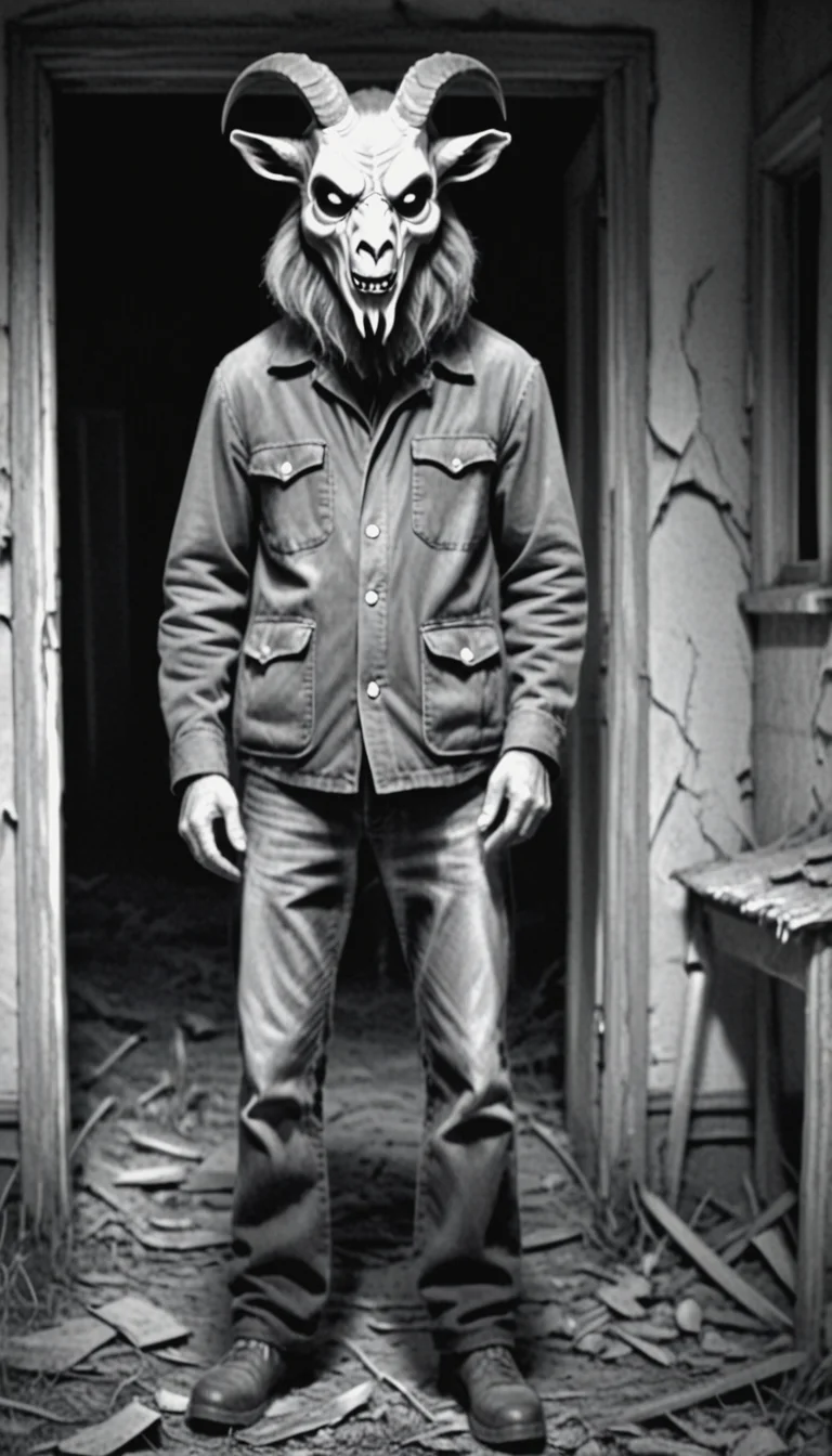 monochrome, horror,
The gloomy an abandoned house, the man in the The angrygoat mask,