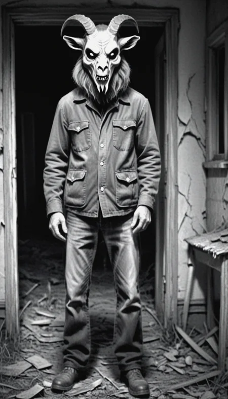 monochrome, horror,
The gloomy an abandoned house, the man in the The angrygoat mask,