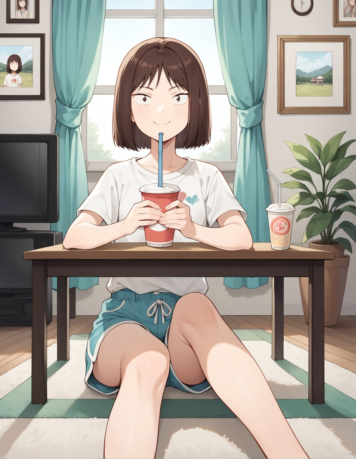 score_9, score_8_up, score_7_up, score_6_up, score_5_up, score_4_up, source_anime, rating_safe, BREAK <lora:mitsumiXL_LoRA-C3Lier_AdamW_Dim8_Alpha8_UN-3e-4_TE-1.5e-4_8batch_ponyDiffusionV6XL_v6StartWithThisOne:1>, mitsumi, 1girl, brown hair, bob cut, (sanpaku), (brown eyes:0.5), small breasts, t-shirt, shorts, holding cup, drinking straw,light smile, looking at viewer, sitting, indian style, table, carpet, picture frame, television, room, window, curtains