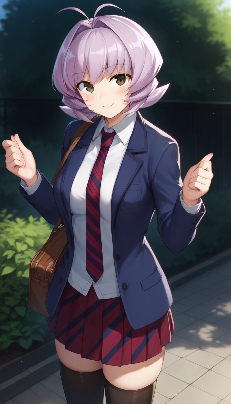 score_9,score_8_up,score_7_up,score_6_up BREAK official art,solo,outdoors,cowboy shot,looking at viewer,facing viewer,smile,blush,Osana Najimi,antenna hair,short hair,light purple hair,hair intakes,bangs,brown eyes,school uniform,blue jacket,blazer,collared shirt,white shirt,red necktie,striped necktie,medium breasts,skindentation,long sleeves,red skirt,pleated skirt,striped skirt,zettai ryouiki,black thighhighs,loafers,<lora:Osana Najimi(kcc)-Pony:1.4>,