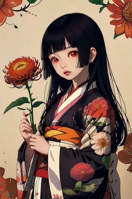 Enma Ai, 1girl, chrysanthemum, flower, solo, japanese clothes, long hair, kimono, yellow flower, butterfly, hair spread out, sash, floral print, black hair, hair down, red eyes, lying, obi, orange flower, bangs, on back, kikumon, spider lily, pink flower, colorful, red flower, blunt bangs, blue flower, looking at viewer, parted lips, butterfly print, print kimono, long sleeves, pale skin, wide sleeves, from above, <lora:Enma Ai:0.8>