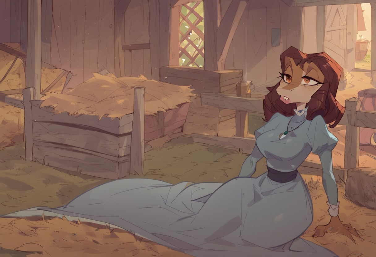 safe_pos, BeansPXL, jewelry, long sleeves, juliet sleeves, necklace, puffy sleeves, dress, blue dress, brown eyes, brown hair, short hair, drill hair, reptile girl, large breasts, narrow waist, wide hips, anthro lizard, scales, furry, female furry, sleeping on hay baile, on side, holding a big egg in a blanket, snoring, porch light, early evening, 
flat color, fca style, toon \(style\), 2d,score_9, score_8_up, score_7_up, score_6_up, farm house, fence,