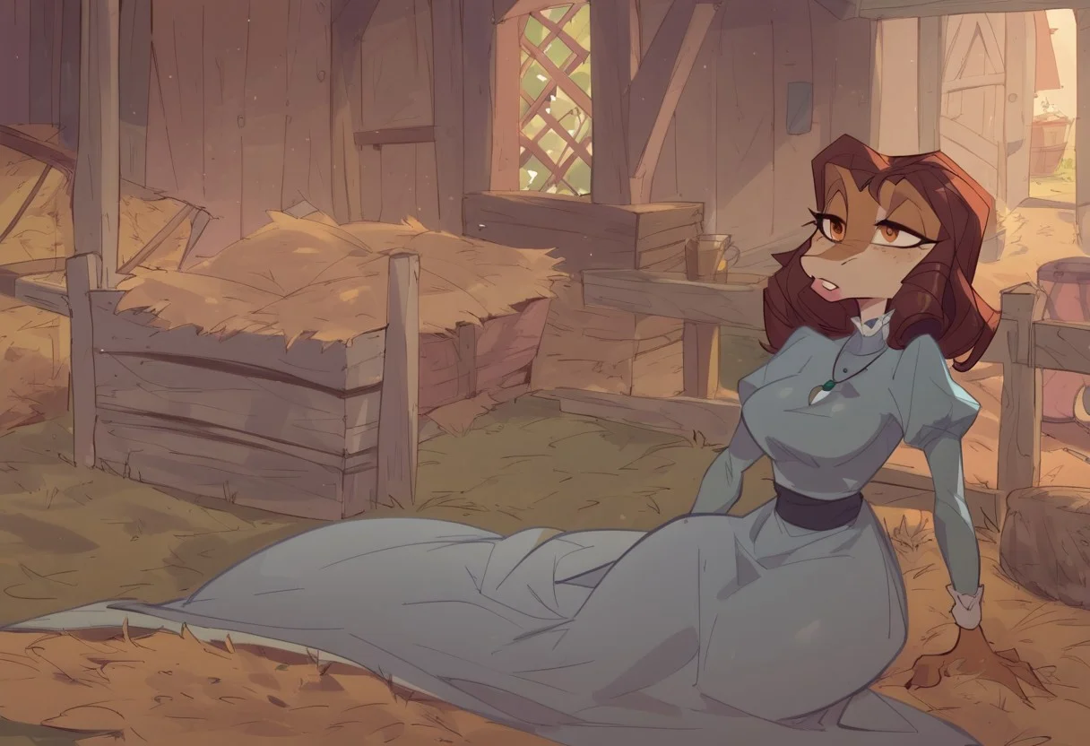 safe_pos, BeansPXL, jewelry, long sleeves, juliet sleeves, necklace, puffy sleeves, dress, blue dress, brown eyes, brown hair, short hair, drill hair, reptile girl, large breasts, narrow waist, wide hips, anthro lizard, scales, furry, female furry, sleeping on hay baile, on side, holding a big egg in a blanket, snoring, porch light, early evening,
flat color, fca style, toon \(style\), 2d,score_9, score_8_up, score_7_up, score_6_up, farm house, fence,