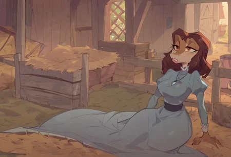 safe_pos, BeansPXL, jewelry, long sleeves, juliet sleeves, necklace, puffy sleeves, dress, blue dress, brown eyes, brown hair, short hair, drill hair, reptile girl, large breasts, narrow waist, wide hips, anthro lizard, scales, furry, female furry, sleeping on hay baile, on side, holding a big egg in a blanket, snoring, porch light, early evening,
flat color, fca style, toon \(style\), 2d,score_9, score_8_up, score_7_up, score_6_up, farm house, fence,