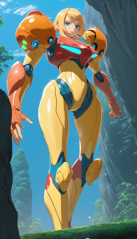 Cinematic scene, hero view, Samus Aran <lora:samus_aran_xl_v1:1>, action pose, detailed background, masterpiece, best quality, high quality, highres, absurdres, (Studio ghibli style, Art by Hayao Miyazaki:1.2), Anime Style, Manga Style, Hand drawn, cinematic, Sharp focus, humorous illustration, big depth of field, Masterpiece, concept art, trending on artstation, Vivid colors, Simplified style, trending on ArtStation, trending on CGSociety, Intricate, Vibrant colors, Soft Shading, Simplistic Features, Sharp Angles, Playful