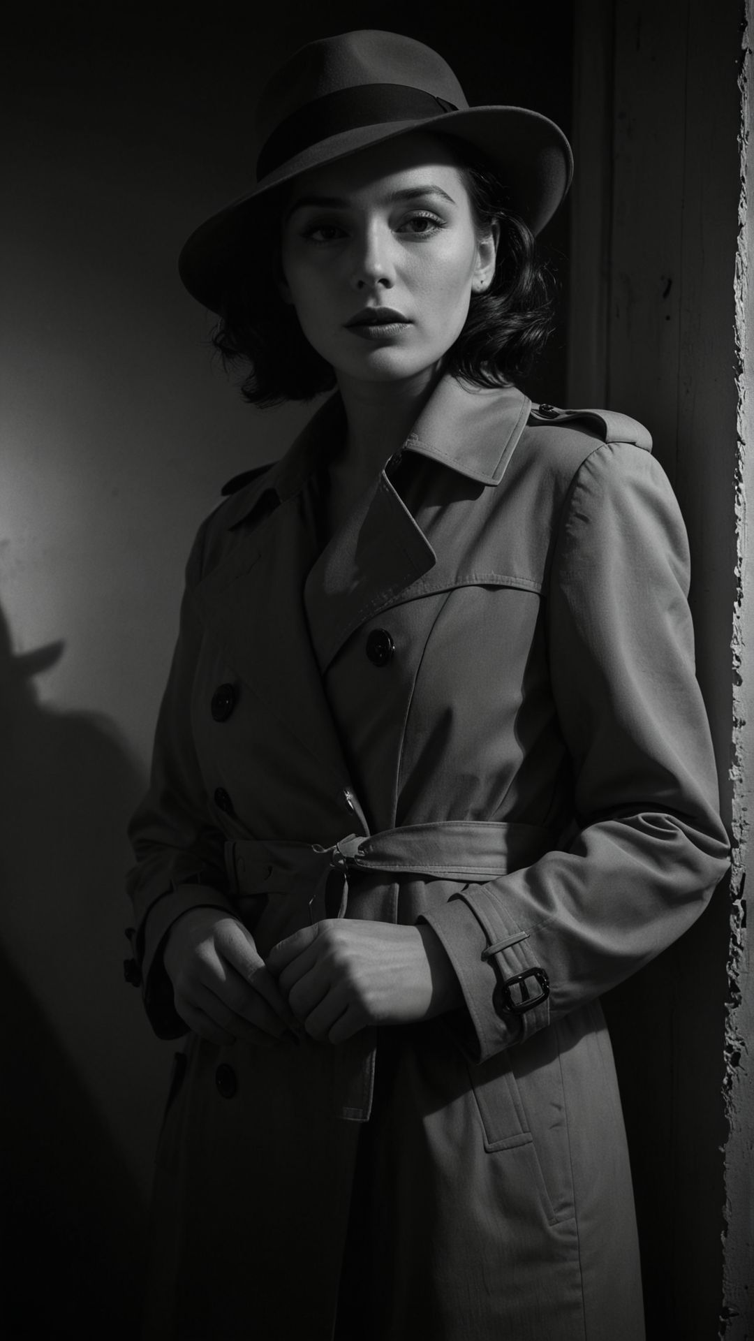 Black and white film noir still of a woman with a cigarette, wearing a trench coat and fedora, hard lighting, shadows, mysterious atmosphere, 1940s aesthetic. 
(masterpiece, award winning artwork)
many details, extreme detailed, full of details,
Wide range of colors, high Dynamic
 <lora:add-detail-xl:1> 
<lora:WildcardX-XL-Detail-Enhancer:0.9>
 <lora:zavy-cntrst-sdxl:0.045> dark, chiaroscuro, low-key 
<lora:RMSDXL_Creative:0.124> 
 <lora:SDXLFaeTastic2400:0.085>
