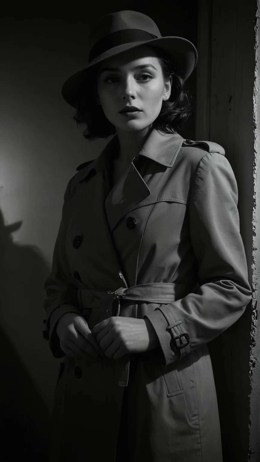 Black and white film noir still of a woman with a cigarette, wearing a trench coat and fedora, hard lighting, shadows, mysterious atmosphere, 1940s aesthetic.
(masterpiece, award winning artwork)
many details, extreme detailed, full of details,
Wide range of colors, high Dynamic
<lora:add-detail-xl:1>
<lora:WildcardX-XL-Detail-Enhancer:0.9>
<lora:zavy-cntrst-sdxl:0.045> dark, chiaroscuro, low-key
<lora:RMSDXL_Creative:0.124>
<lora:SDXLFaeTastic2400:0.085>