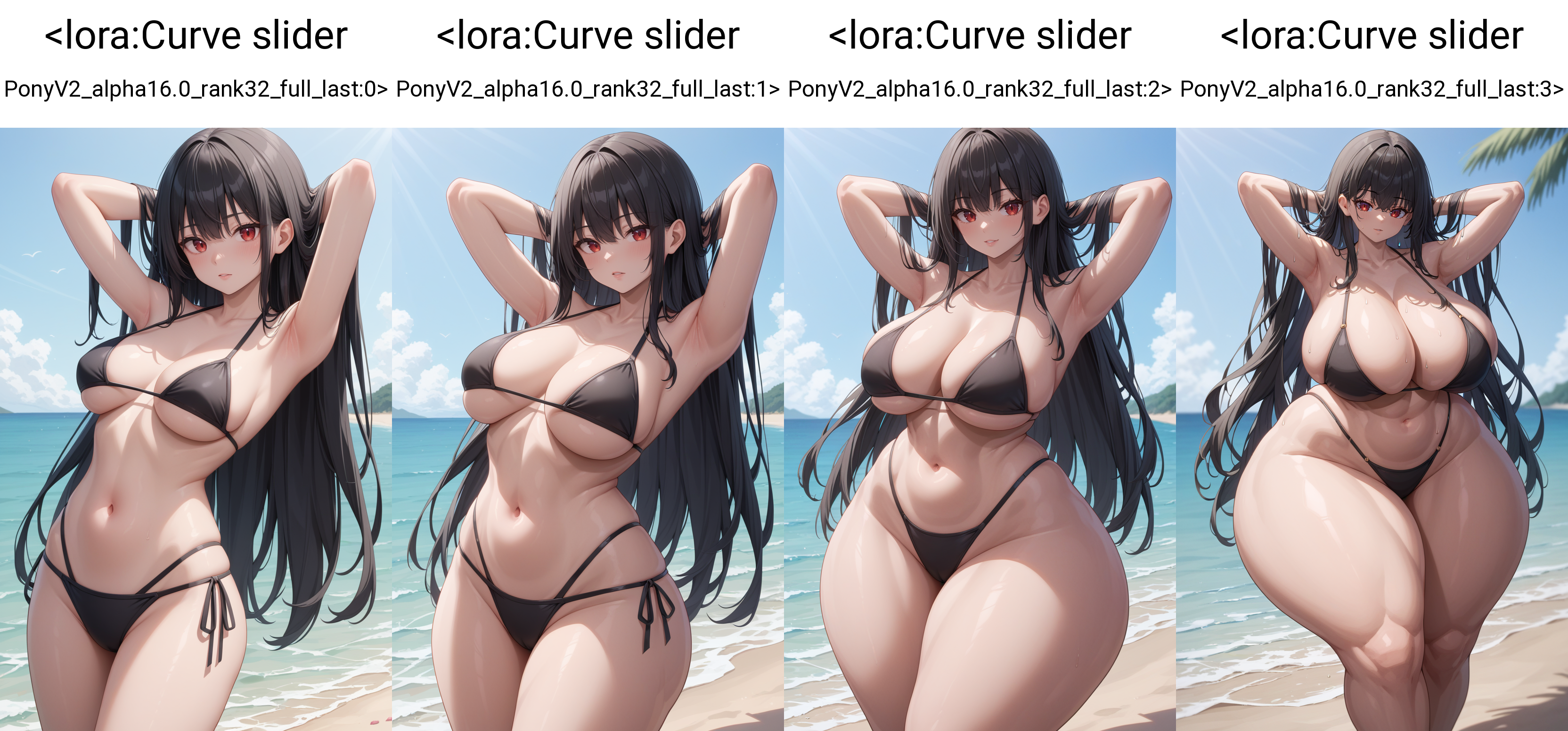 score_9, score_7_up, 1girl,  black bikini, beach, standing, long hair, black hair, red eyes, arms behind head,    <lora:Curve slider PonyV2_alpha16.0_rank32_full_last:0>