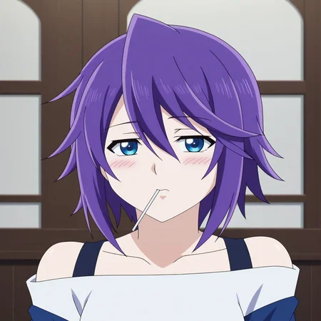 score_9, score_8_up, score_7_up, source_anime, BREAK
<lora:MizoreXL-000030:1>,purple hair, 1girl, solo, blue eyes, short hair, pale skin, looking at viewer, bare shoulders, blush, off shoulder, hoodie, expressionless, hair between eyes,portrait, close up,mouth hold, lollipop, 
<lora:anime_screencap:0.8>,fine anime screencap_xl, (anime screencap:1.3),