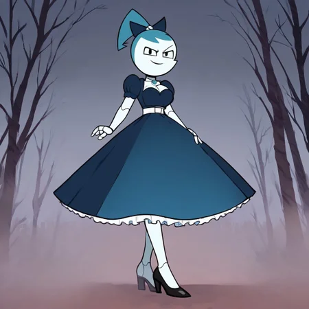 (Masterpiece, best quality:1.2), score_9, score_8_up, flat color, flat shading, soft shading, lighting, Jenny Wakeman as an adult, (((in a 1950's full length formal dark blue dress, a white belt, a fluffy frilly ruffled full white petticoat, and black high heels))), dress, layered petticoat, frilly petticoat, fluffy petticoat, full petticoat, detailed petticoat, wide skirt, detailed outfit, flowing skirt, (((long skirt))), (((solid dark blue colored dress, black high heels))), blue hair, series accurate, cute, best high quality, high res, robot, humanoid robot, (((giant breasts, cleavage))), whole body shot, 1girl, (((solo, outside, in a dark creepy forest, at night, heavy fog surrounding her, fog, heavy fog, looking at you, low angle))), (((evil, evil smile, determined evil eyes, posing gracefully and evilly))), low angle shot, cartoon, cartoon style, vector, solo, circle dress, 1950s, dance dress jenny, jenny wakeman, 1girl, solo, robot joints, black eyes, white skin, ponytail, hair bow, blue rose chest corsage, poofy dress, blue hair, flat lighting,