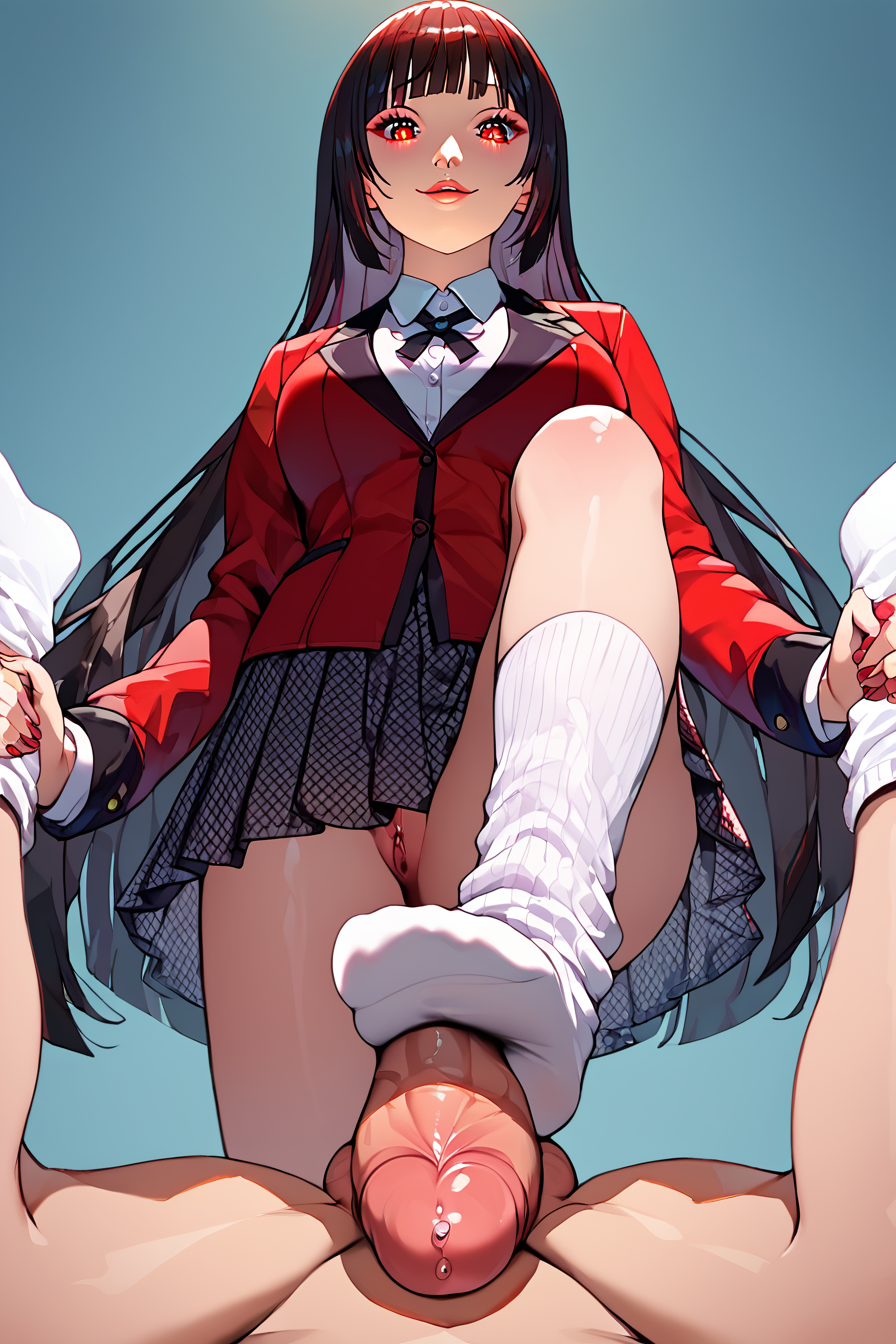 score_9, score_8_up, score_7_up, score_6_up, score_5_up, score_4_up,<lora:kakegurui_jabami_ponyXL:0.8>, jabami yumeko, hime cut, red eyes, school uniform, red jacket, long sleeves, white shirt, black ribbon, black skirt, plaid skirt, <lora:Footjob_holding_legs:0.7>, standing, stepped on, footjob, 1girl, 1boy, pov, from below, penis, holding legs, ankle grab, femdom, looking down, white socks, loose socks, masterpiece, highres, highly detailed face, highly detailed shining eyes, symmetrical highly detailed eyes, simple background