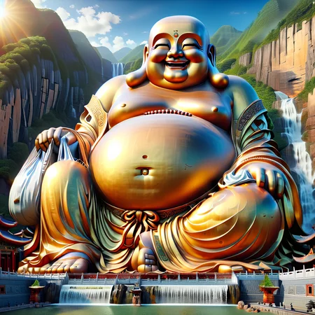 ultra-realistic style,(massive traditional Chinese Maitreya Buddha statue:1.2) situated behind a Buddhist temple,(reclining on a mountainside:1.1) next to a waterfall,with a (radiant smile:1.2) that is infectious,(corpulent figure:1.1) symbolizing prosperity and well-being,attired in a (loose but opulent kasaya:1.1) symbolizing wealth,exposing a (broad chest and large stomach:1.1) which signifies tolerance and magnanimity. Carrying a (large cloth bag:1.1) representing his compassion and wisdom,able to contain the world's treasures and spread light and hope. Artistic depiction highlights cultural significance and charitable,tolerant,optimistic social values. Rich in color,12K resolution,super-real,<lora:SDXLä½åå½åè©è©-000004:1>,, 8K, best quality, blurred, bokeh, depthoffield, filmgrain, glisteningskin, HDR, highres, Kodakportra400, lens flare, masterpiece, photography,   RAW photo, realistic, shar pfocus, ultra detailed, ultra highres, vibrant color