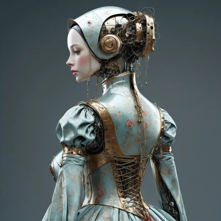 masterpiece,1lady,medieval lady's clothing,from side,robot joint,robotlady,<lora:robolady:1>,