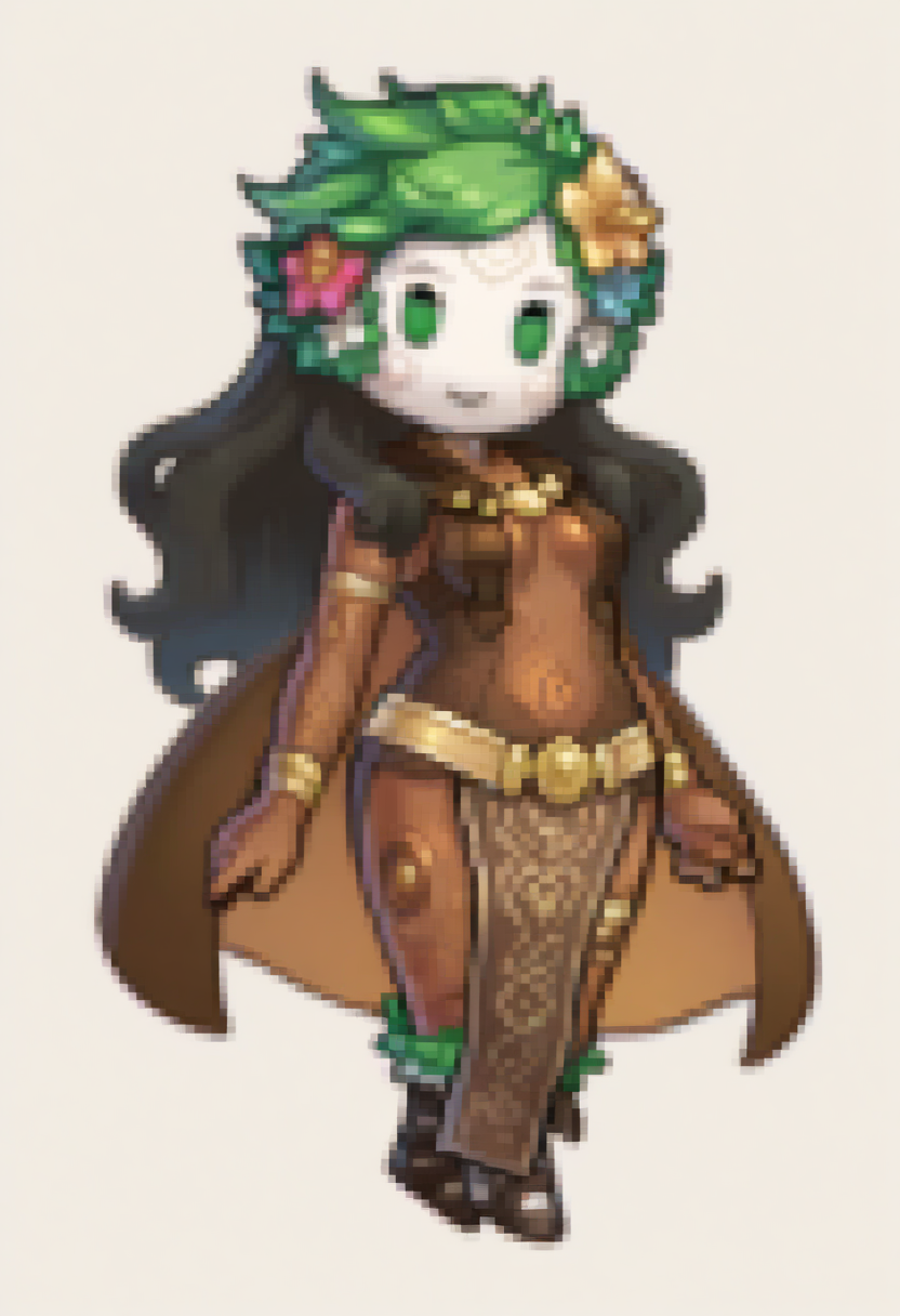 masterpiece, best quality, 1girl, solo, looking at viewer,
<lora:Feh-Sprites-illus_Fp:1>  simple background, chibi, full body
 <lora:zs_DanuILLU:1> d4nusmt, monster girl, colored skin, brown skin, white face, hair flower, long hair, green hair, black hair, green eyes, brown dress, sleeveless, naval, cape, loincloth, smile