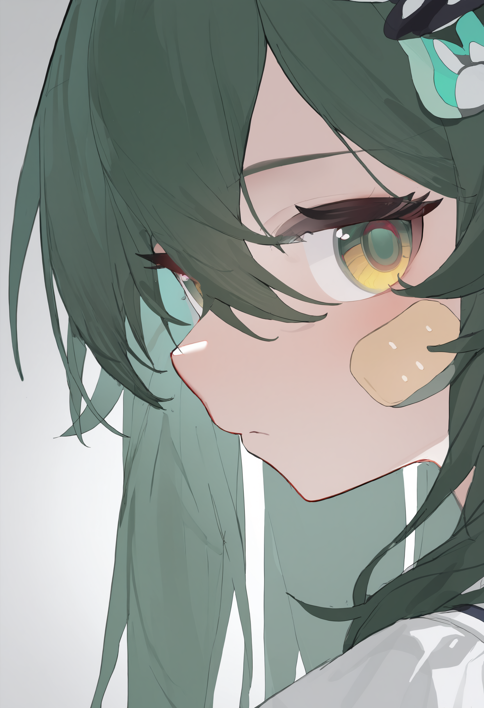 masterpiece, best quality, newest, absurdres, highres, very awa, anime screencap, no lineart:1.3, sketch, simple background, 1girl, solo, looking at viewer, portrait, green hair, hair between eyes, bandaid, green eyes, closed mouth, bandaid on face, white background, expressionless, sidelocks, yellow eyes, hair ornament, straight-on, simple background, profile, eye focus