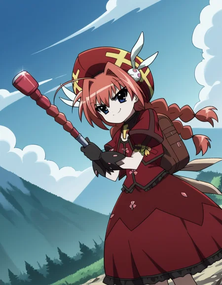 score_9, score_8_up, score_7_up, source_anime, <lora:vita-movie2-ponyxl-lora-nochekaiser:1>, vita, blue eyes, braid, ahoge, red hair, twin braids, rabbit hair ornament,, gloves, hat, dress, weapon, open clothes, open jacket, magical girl, red dress, cropped jacket, hammer,, mountain trail, hiking, nature, backpack, adventure, fresh air, , looking at viewer, v, v over mouth, smug,, solo,, dutch angle,