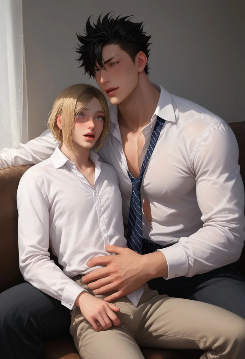score_9, score_8_up, score_7_up, anime, ((2boys)), kuroo_x_kenma, multiple boys, yaoi, (( top short spiky black hair, bottom long blonde hair, black eyes, pensive expression, neutral, rating PG, PG)) toned male, kuroo as top, kenma as bottom, hung x twink, black eyes,
((bara, yaoi, duo((1man on 1boy, short black hair big dom, long blonde small sub)), manly dom)), muscular body, (((size difference))), five fingers hand, good arms, good face, open eyes, good eye, (masterpiece, best quality, best result), more object, more details,
hyper ((size difference)), yaoi, tall giant muscular man and skinny boy, very cute boy, tiny, blondlust, large hand on belly, hand pressing into belly, looking at another,
Macro detailed realism style photograph, soft lighting, Expressiveh, ((sofa, white shirt, white collared shirt, ties, clothes, formal pants, long sleeves, college sweat after Quidditch game,)), restraining, open mouth, heavy breathing, soft bright lighting, (feminine
skinny short twink), masculine top