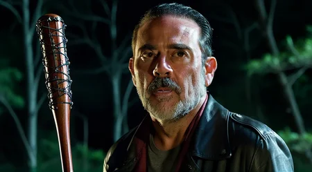 movie poster portrait of TWDNegan with bat in forest clearing, sharp eyes, looking into the distance, detailed face, midnight, moonlight, hyperdetailed, shallow depth of field, f1.4, <lora:TWDNegan:1>