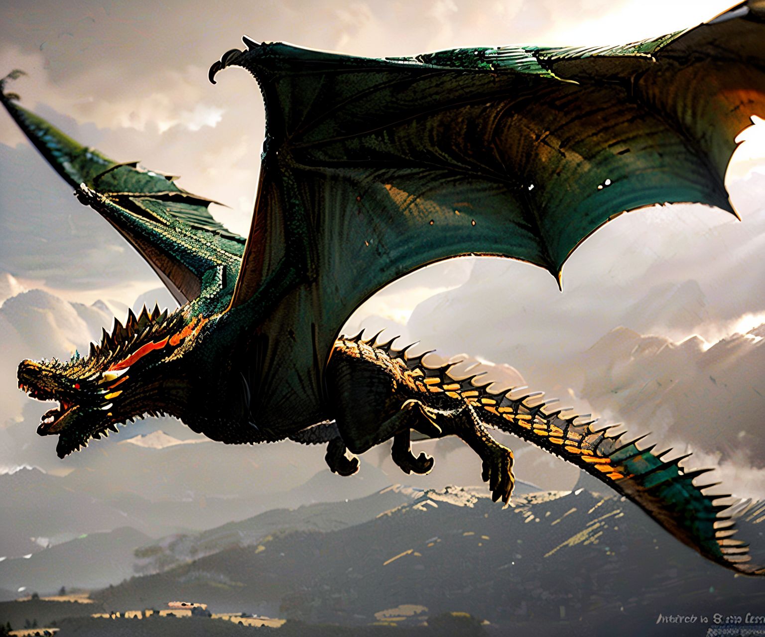 EdobDragon, green mountain dragon, open wings, flying, (realistic:1.5), <lora:EdobDragon_v1.0:1>