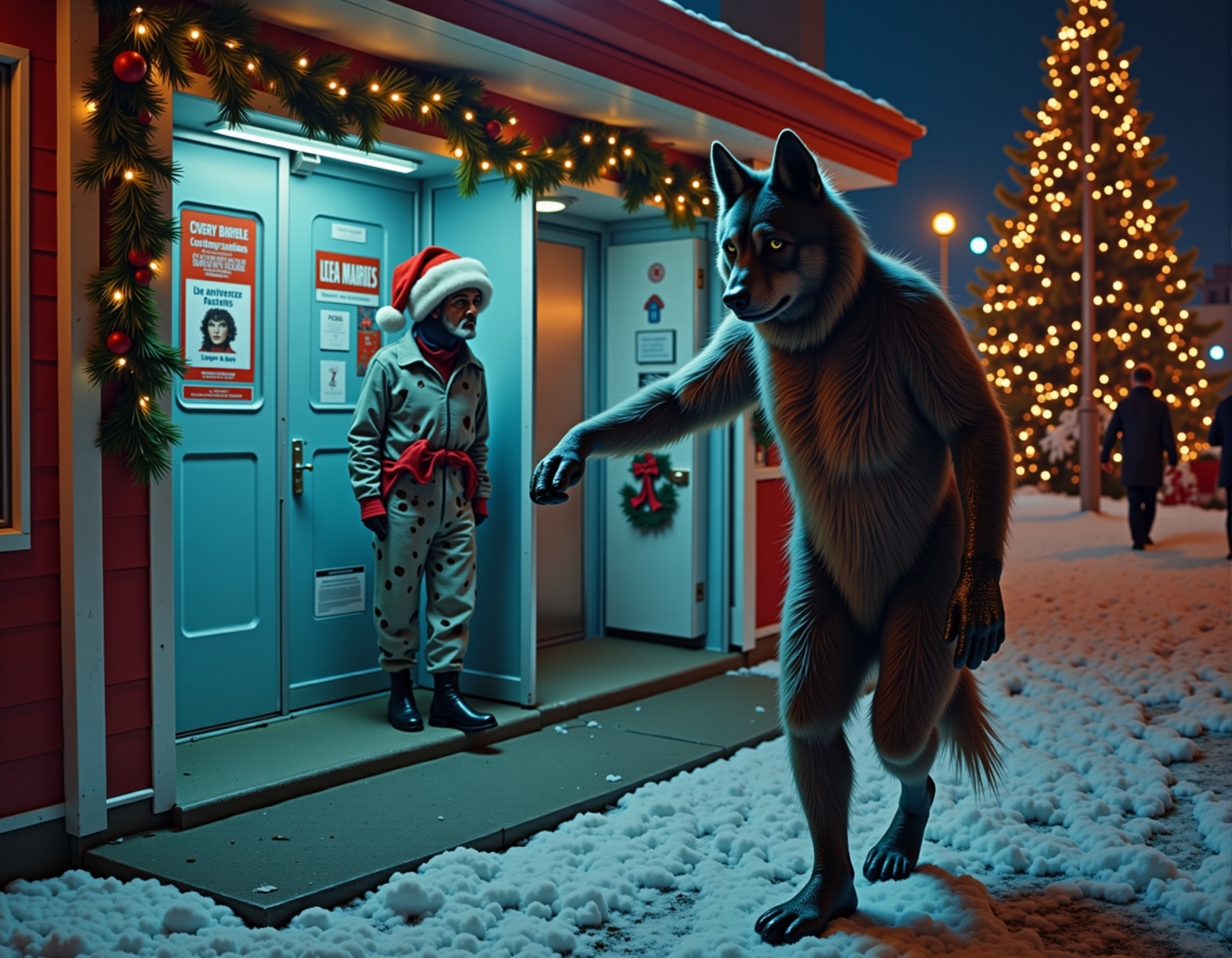 An awesome sparkling holiday card, lonesome luxury werewolf waltzing around, outside a public restroom on Christmas night.
