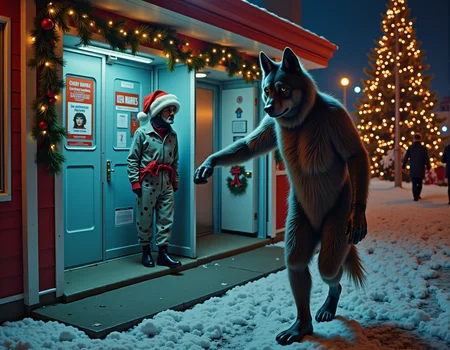 An awesome sparkling holiday card, lonesome luxury werewolf waltzing around, outside a public restroom on Christmas night.