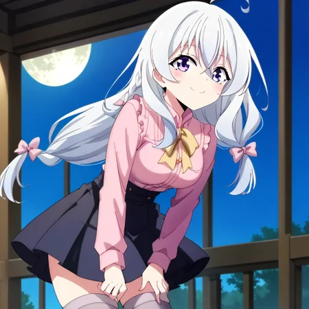 (score_9:0.9),score_8_up,score_7_up,rating_safe,anime style,(zPDXL),masterpiece, anime coloring) rating_safe, anime style, anime_screencap, source_anime,
BREAK source_anime, anime, best quality, masterpiece, rating_safe, uncensored, High quality, 8k, Ultra, 
BREAK (Balcony, night sky, moon, wind),
BREAK  1girl, Elaina (Majo no Tabitabi), long hair, hair between_eyes, blue eyes, purple eyes, white hair, ahoge, braid,
<lora:jirai kei_pony_V1.0:1> jirai kei, bow,pink shirt,black skirt,thighhighs,
BREAK  ((cowboy shot)),(leaning forward),(hand in own hair),(hand between legs),(from below),
busty breasts,
(medium breasts:1.2),looking at viewer, smile,