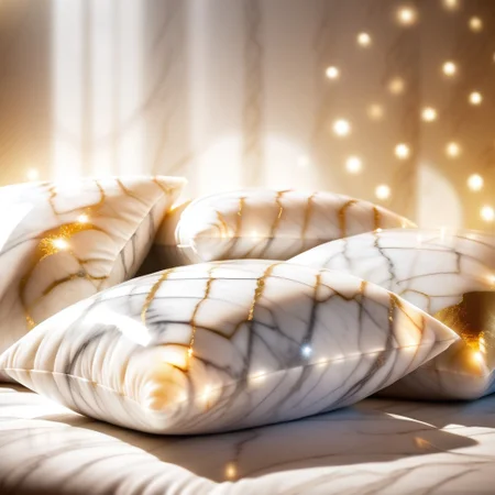 wholesome photo of comfortable and fluffy pillows made out of Jed-mrbl on a bed of gold, lightrays, godrays, lens flares, bokeh,