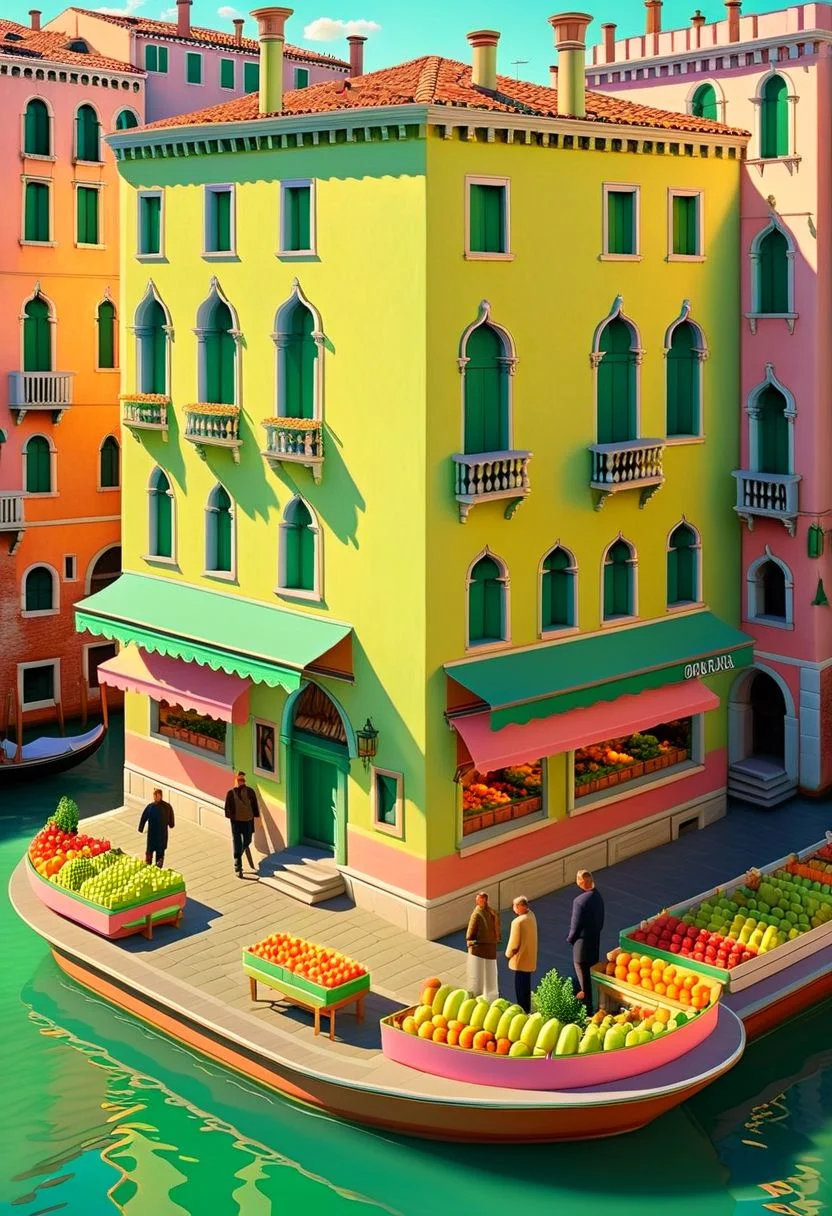 ispzxll, no humans, dioramaplant, isometric, miniature, Chiaroscuro Lighting Style, futuristic soviet-inspired venice building street scene, seaform-green and pale-pink pastel colors, golden hour, long shadows, volumetric lighting style, pedestrian crowds, fruit stands, boats in canals, storefronts, epic architecture, intricate details, potted plants, ultra-detailed, 8k, fluffy clouds